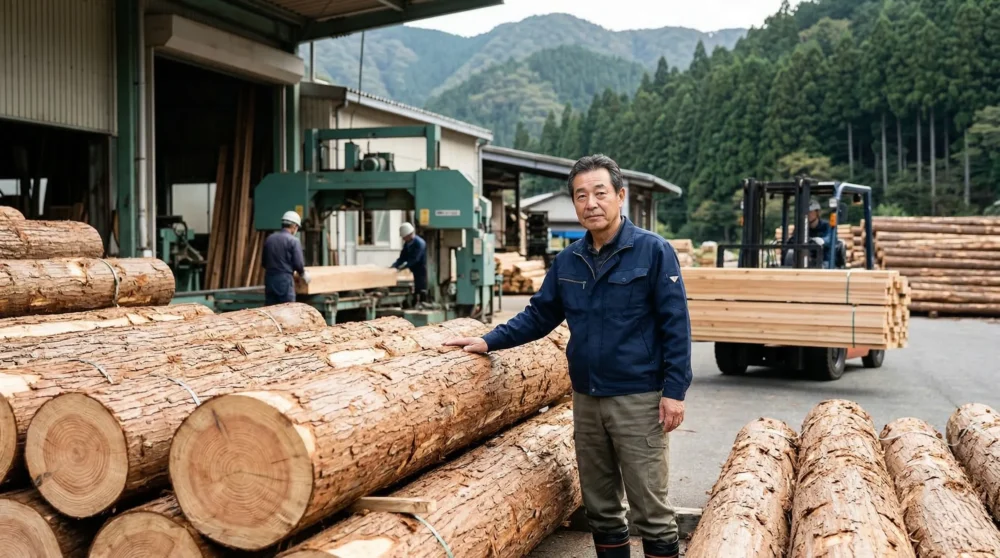 木材業のM&A・会社売却に向けて、貯木場で自社製品の丸太を検収するオーナー経営者の姿。事業承継をイメージ。