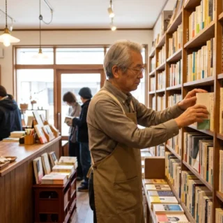 本屋の経営者が本棚を整理する様子。M&Aや会社売却による事業承継のイメージを表す書店の店内写真。