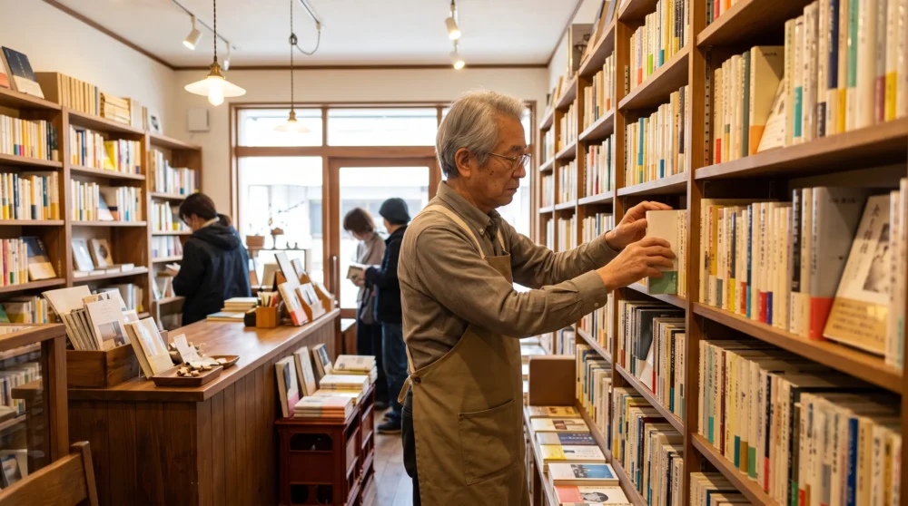本屋の経営者が本棚を整理する様子。M&Aや会社売却による事業承継のイメージを表す書店の店内写真。