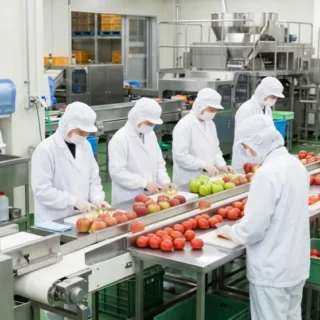 果物・野菜加工工場の従業員が品質管理を徹底する様子を捉えた、M&A・会社売却を検討する経営者向けの画像。