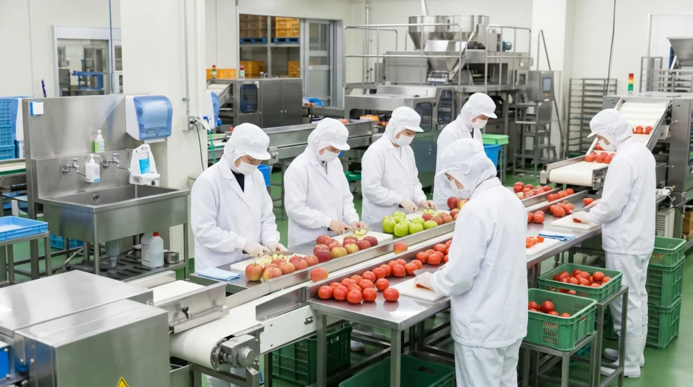 果物・野菜加工工場の従業員が品質管理を徹底する様子を捉えた、M&A・会社売却を検討する経営者向けの画像。