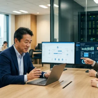 業務システム業界のM&A・会社売却で、エンジニアチームがシステム画面を囲み事業継承と成長を語り合うオフィス風景の写真