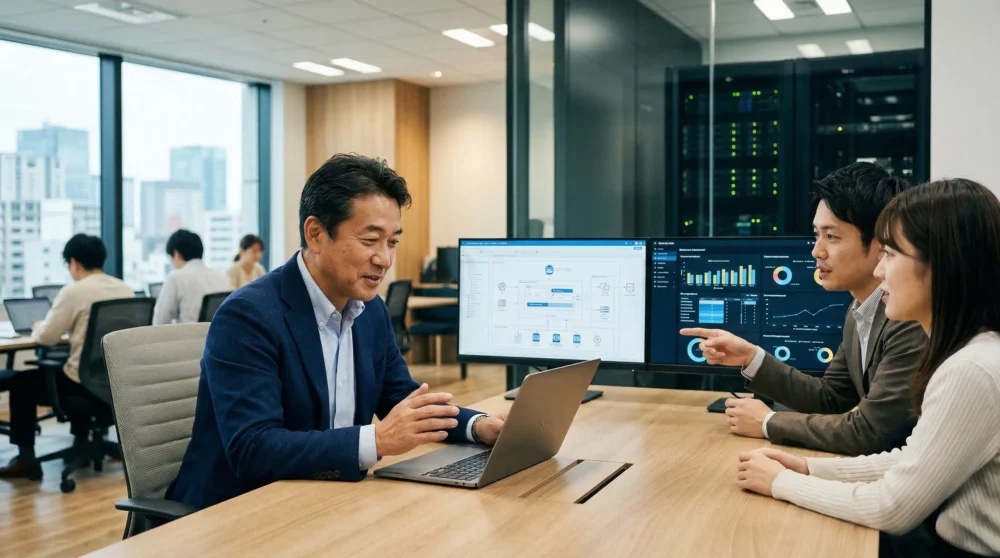 業務システム業界のM&A・会社売却で、エンジニアチームがシステム画面を囲み事業継承と成長を語り合うオフィス風景の写真