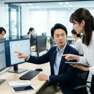 業務支援ソフト業界のM&A・会社売却で、企業の持続的成長と技術承継を話し合うIT経営者のイメージ画像。