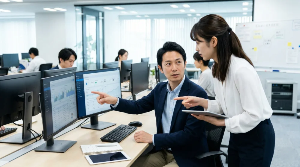 業務支援ソフト業界のM&A・会社売却で、企業の持続的成長と技術承継を話し合うIT経営者のイメージ画像。