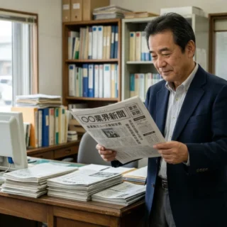 業界新聞を発行する会社の経営者が、印刷所で自社の新聞を感慨深げに眺める様子。M&Aや会社売却を検討する際のイメージ。