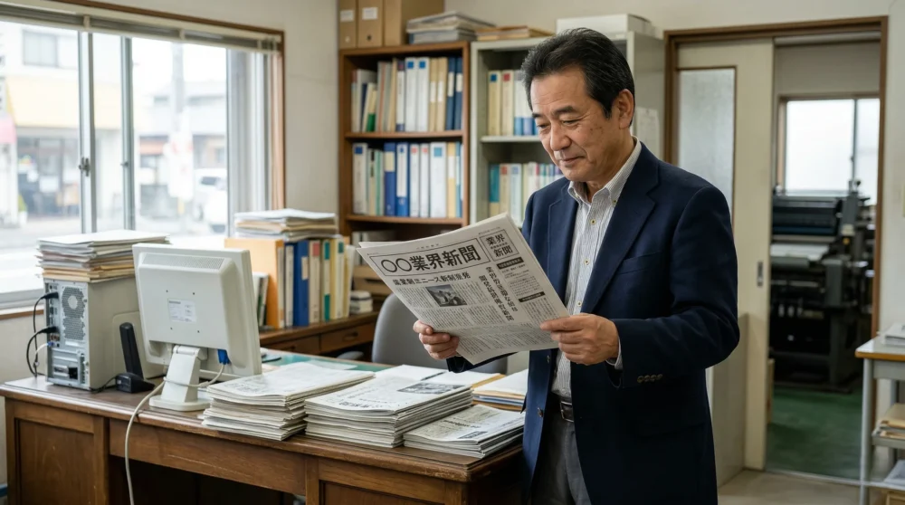 業界新聞を発行する会社の経営者が、印刷所で自社の新聞を感慨深げに眺める様子。M&Aや会社売却を検討する際のイメージ。
