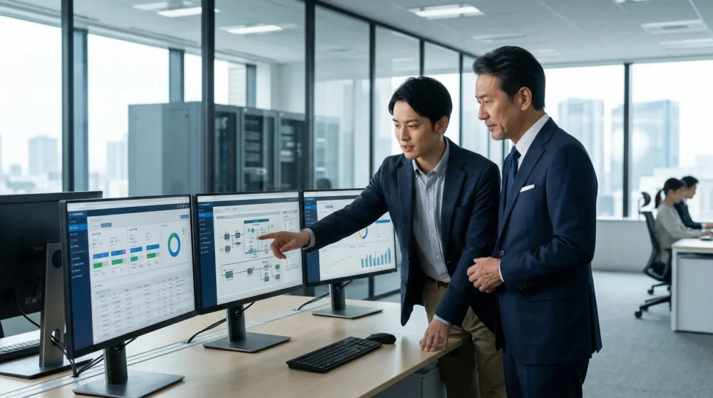 オフィスで開発に取り組むエンジニアの姿。業界特化型システム業のM&Aと会社売却における、技術力と人材の承継をイメージ。