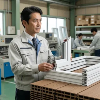 樹脂建材製造工場の経営者が、自社製品を確認している様子。樹脂建材業のM&Aと会社売却における事業承継をイメージさせる。