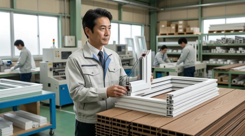 樹脂建材製造工場の経営者が、自社製品を確認している様子。樹脂建材業のM&Aと会社売却における事業承継をイメージさせる。