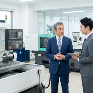 機械専門商社のM&A・会社売却に向けて、産業機械の前でタブレットを使って商談する経営者の写真