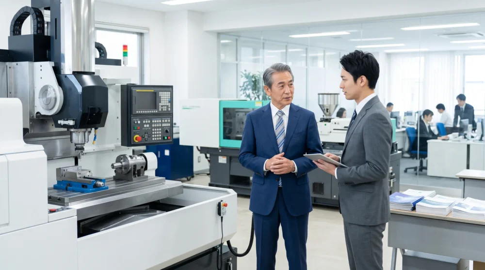 機械専門商社のM&A・会社売却に向けて、産業機械の前でタブレットを使って商談する経営者の写真