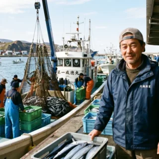 水産・養殖業のM&Aや会社売却を検討する経営者へ、港で漁船から魚が水揚げされる活気ある現場を表現した写真