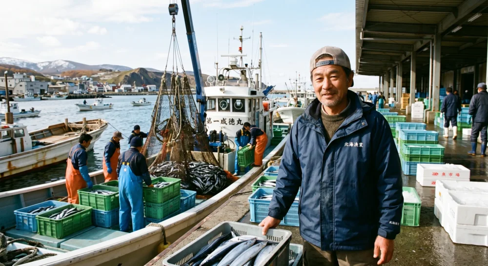 水産・養殖業のM&Aや会社売却を検討する経営者へ、港で漁船から魚が水揚げされる活気ある現場を表現した写真