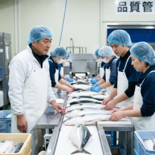 水産加工工場のM&A・会社売却を検討する経営者に向けた、新鮮な魚の加工現場と従業員の活気を伝える実写風のサムネイル。