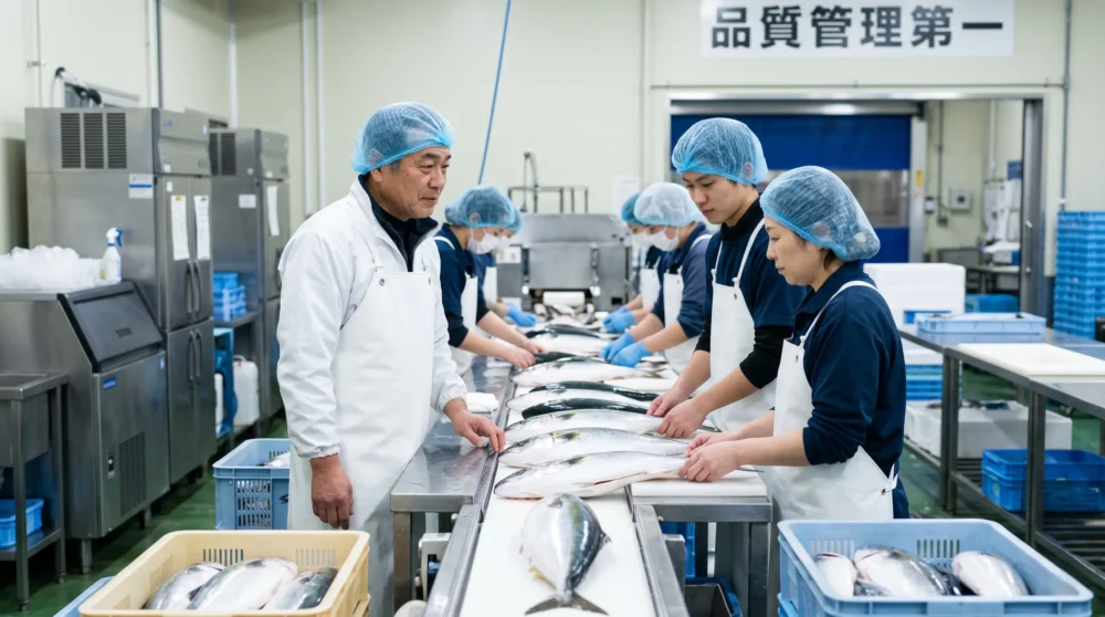 水産加工工場のM&A・会社売却を検討する経営者に向けた、新鮮な魚の加工現場と従業員の活気を伝える実写風のサムネイル。