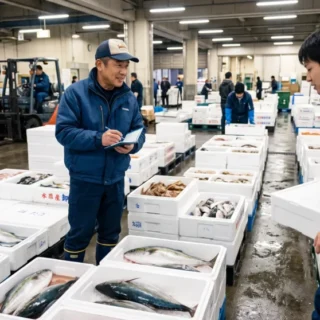 水産卸業のM&A・会社売却で、活気ある市場の現場と伝統的な商流を次世代に繋ぐ事業承継のイメージ。