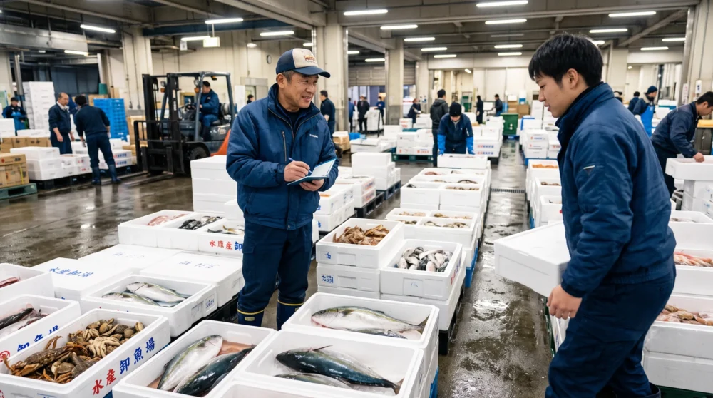 水産卸業のM&A・会社売却で、活気ある市場の現場と伝統的な商流を次世代に繋ぐ事業承継のイメージ。