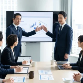 オフィスでプレゼンするスーツ姿の経営者と従業員が写る、法人向けサービス業のM&A・会社売却の事業承継イメージ写真