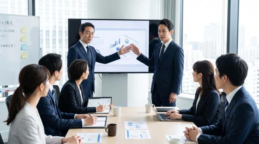 オフィスでプレゼンするスーツ姿の経営者と従業員が写る、法人向けサービス業のM&A・会社売却の事業承継イメージ写真