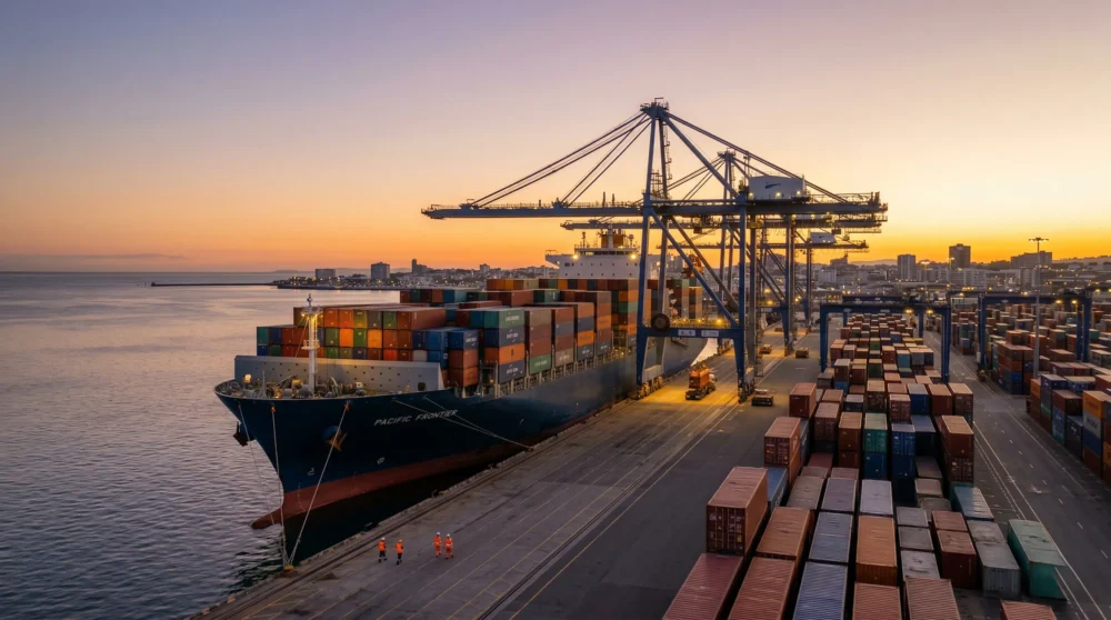海運業界のM&A・会社売却で、グローバルな物流網を次世代へ引き継ぐ事業承継を表す、夕暮れの港に停泊する巨大コンテナ船の写真