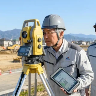 測量会社のM&A・会社売却で技術継承を目指す、最新機器を用いて現場で精密な作業を行うプロフェッショナルな姿を捉えた写真