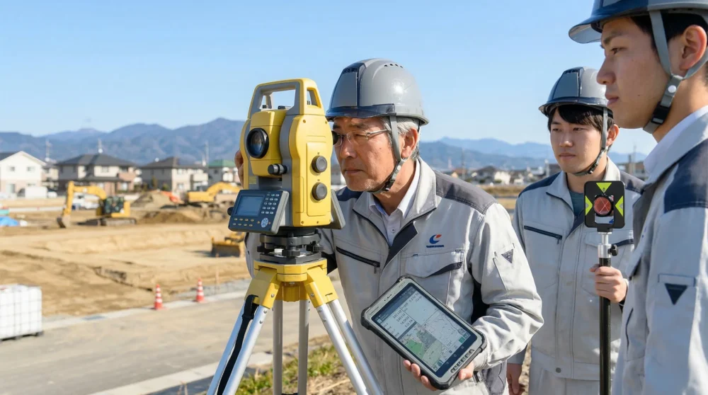 測量会社のM&A・会社売却で技術継承を目指す、最新機器を用いて現場で精密な作業を行うプロフェッショナルな姿を捉えた写真