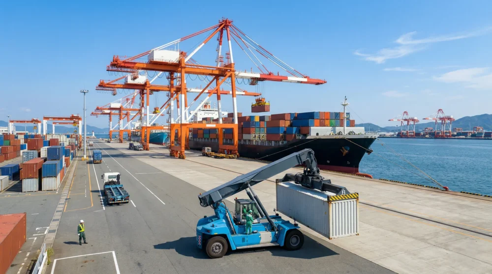 港湾運送業のM&Aで、コンテナ船から荷役を行うガントリークレーンと作業員を描いた、会社売却と事業承継のイメージ。