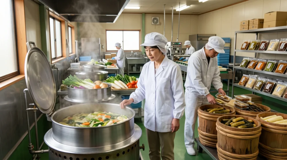 漬物・煮物メーカーのM&A・会社売却で伝統の味と地域ブランドを次世代へ引き継ぐ製造現場の実写風イメージ画像