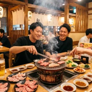 焼肉店のM&A・会社売却を検討する経営者へ、活気溢れる店内のグリルで肉を焼き賑わう客席の様子を伝えるイメージ写真。