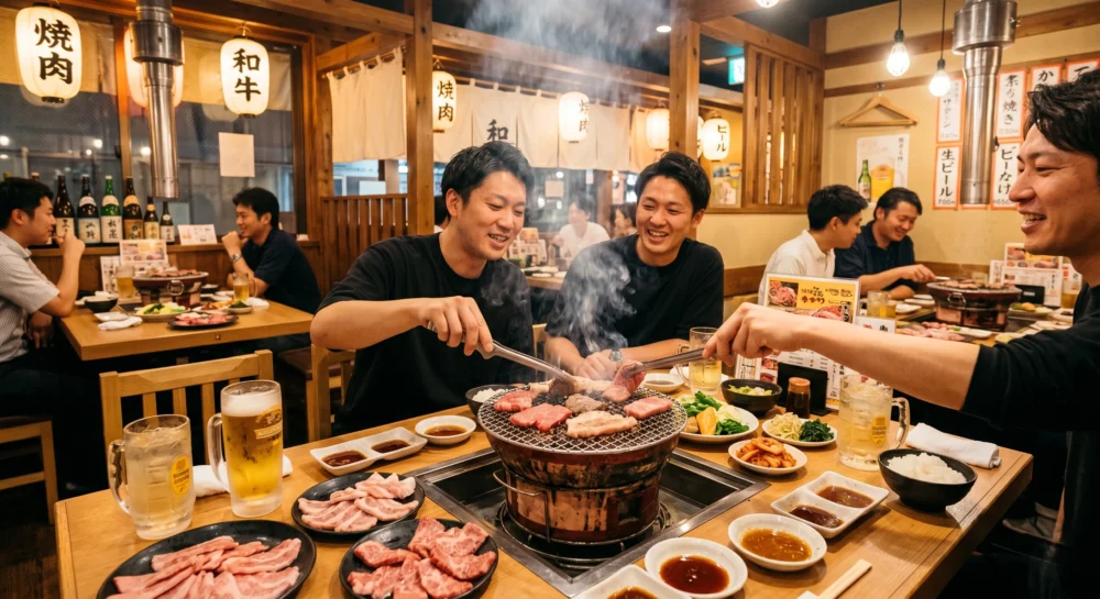 焼肉店のM&A・会社売却を検討する経営者へ、活気溢れる店内のグリルで肉を焼き賑わう客席の様子を伝えるイメージ写真。
