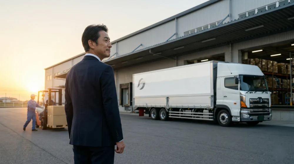 物流業界のM&A・会社売却に向けて、倉庫とトラックを見つめる経営者の写真。事業承継を検討するオーナー様へ。