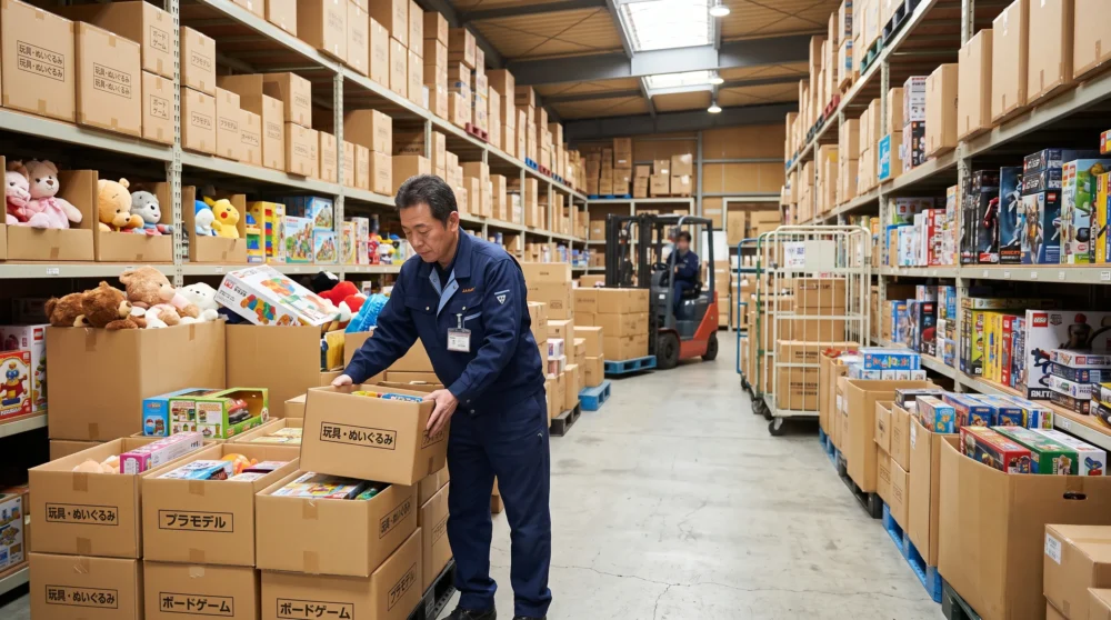 玩具卸業のM&A・会社売却に向けて、多様なおもちゃを保管する倉庫で作業が進む、事業承継のイメージ。