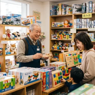 豊富なおもちゃが並ぶ店内で、笑顔の店主がお客様と接する。玩具店のM&Aや会社売却で事業を承継するイメージ。
