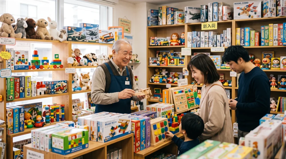 豊富なおもちゃが並ぶ店内で、笑顔の店主がお客様と接する。玩具店のM&Aや会社売却で事業を承継するイメージ。