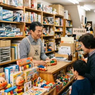 玩具業界のM&A・会社売却を検討する経営者に向けた、多種多様なおもちゃが並ぶ活気ある玩具店の風景。