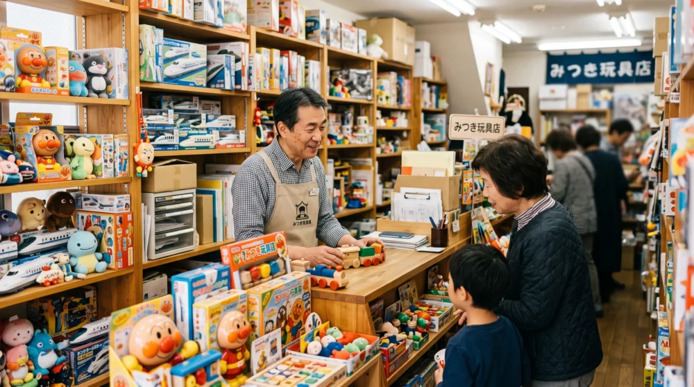 玩具業界のM&A・会社売却を検討する経営者に向けた、多種多様なおもちゃが並ぶ活気ある玩具店の風景。