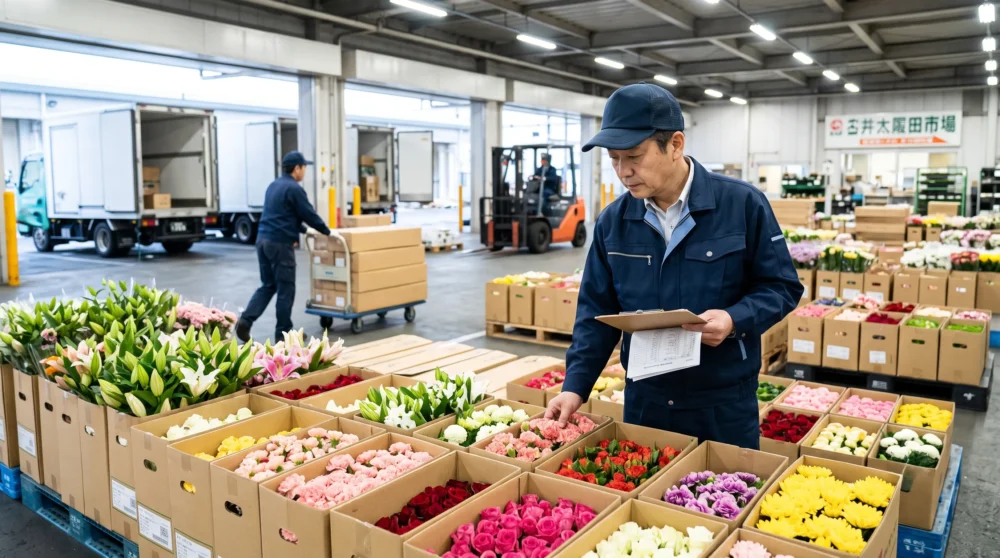生花卸・花き卸業のM&Aと会社売却において、市場での流通や鮮度を強みとした事業承継を進める様子をイメージした画像