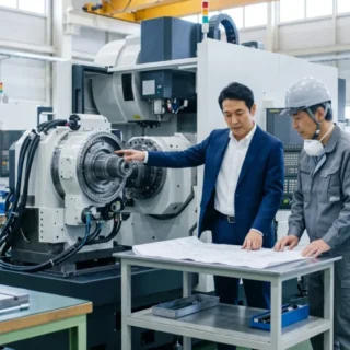 産業機械業界のM&Aや会社売却で、工場にて経営者が技術者と大型機械の図面を確認し事業承継を検討するイメージ。