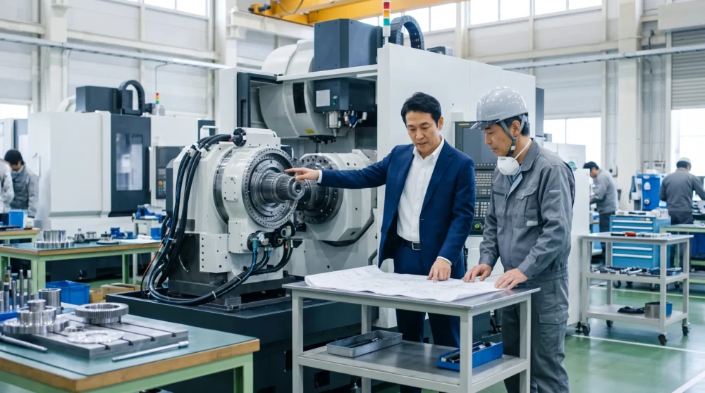 産業機械業界のM&Aや会社売却で、工場にて経営者が技術者と大型機械の図面を確認し事業承継を検討するイメージ。