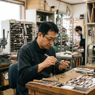 眼鏡メーカーのM&Aや会社売却に向け、職人がメガネフレームを丁寧に加工・手入れする工房の風景