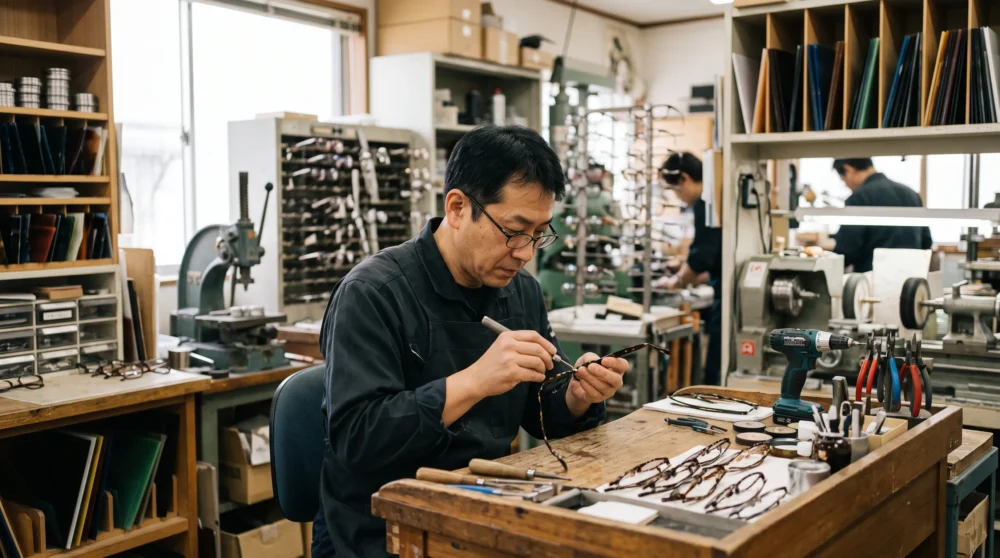 眼鏡メーカーのM&Aや会社売却に向け、職人がメガネフレームを丁寧に加工・手入れする工房の風景