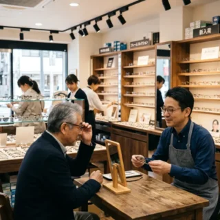 眼鏡店のM&A・会社売却で、店舗と顧客の未来を守る事業承継の様子を表現した、接客風景の実写風写真