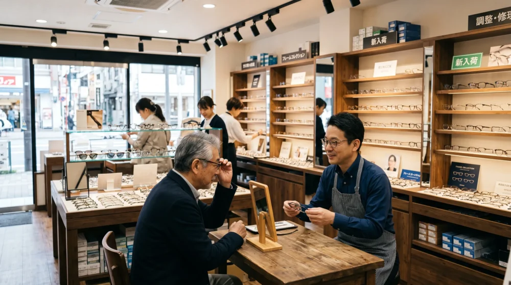 眼鏡店のM&A・会社売却で、店舗と顧客の未来を守る事業承継の様子を表現した、接客風景の実写風写真