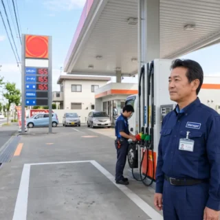 石油販売業のM&A・会社売却で、ガソリンスタンドの経営を引き継ぐイメージを示す、活気ある昼間の写真