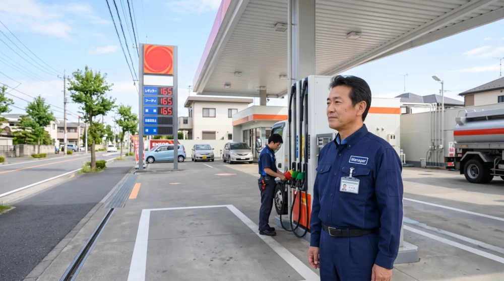 石油販売業のM&A・会社売却で、ガソリンスタンドの経営を引き継ぐイメージを示す、活気ある昼間の写真