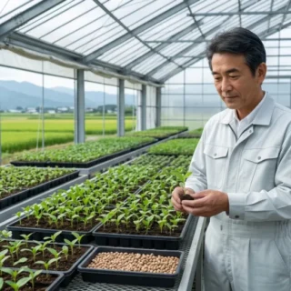 温室で苗床や研究設備を背に苗を持つ経営者を通じ、種苗メーカーのM&Aや会社売却による事業承継を表す写真。