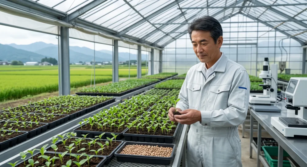 温室で苗床や研究設備を背に苗を持つ経営者を通じ、種苗メーカーのM&Aや会社売却による事業承継を表す写真。