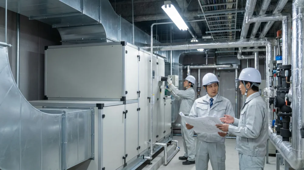 空調・衛生工事業のM&Aで、熟練技術と事業を引き継ぐための現場確認の様子を捉えた機械室の写真