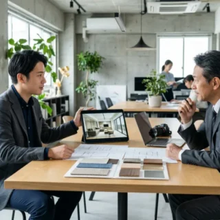 空間デザインのプロがデザイン案を提案するシーン。M&Aと会社売却で、クリエイティブな事業を次世代へ引き継ぐイメージ。